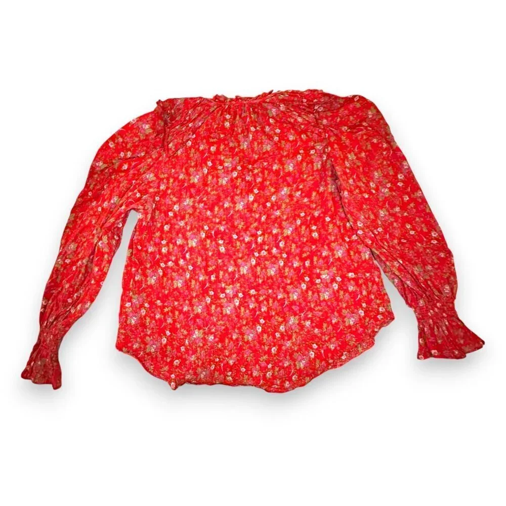 Free People Red Meant To Be Floral Puff Sleeve Blouse Large EUC